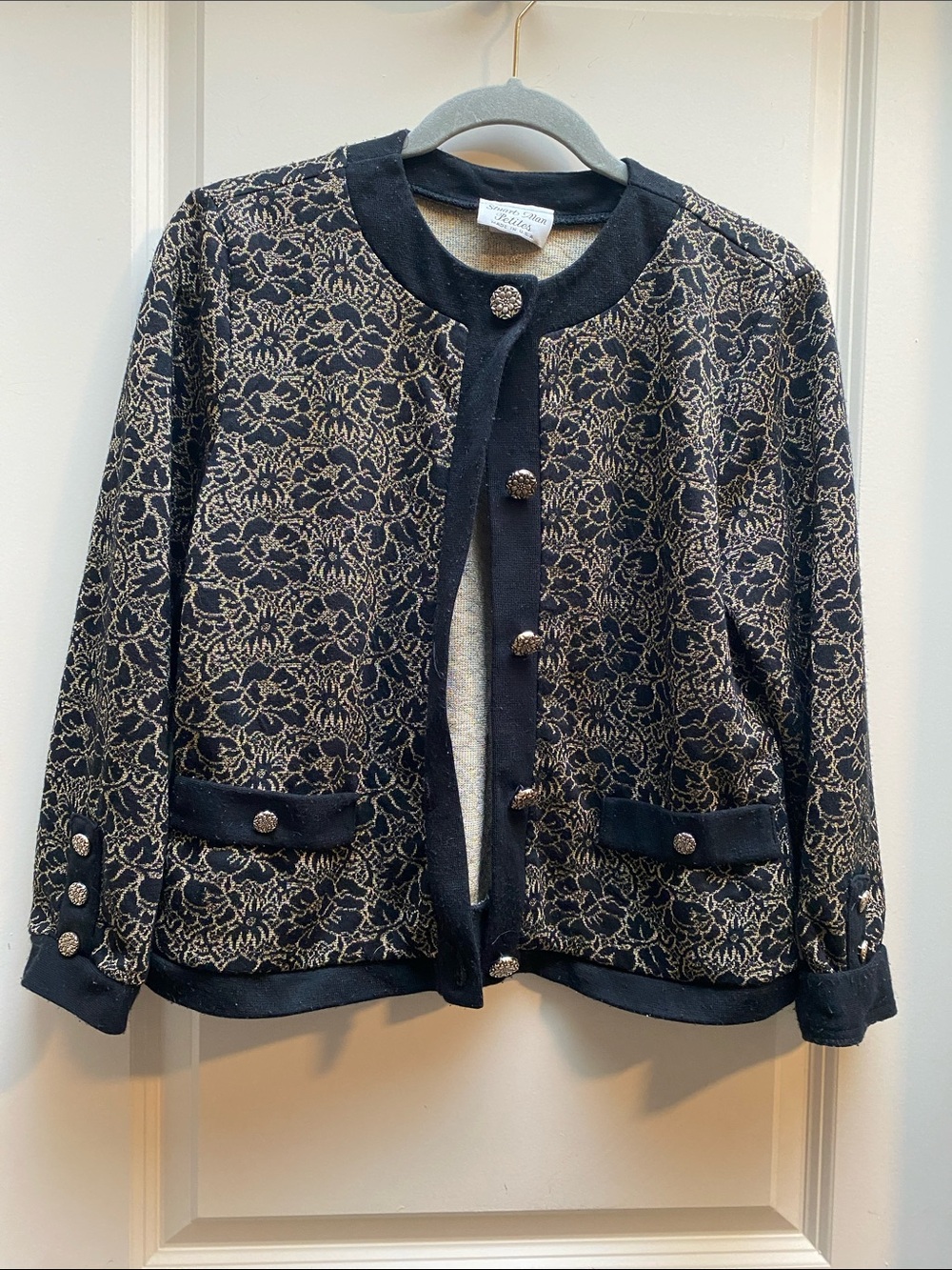 Classic Black & Gold Floral Knit Jacket - Elegant Women's Coat